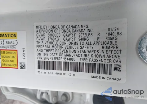 2024 Honda Civic Sport from USA, damaged, VIN 2HGFE2F57RH544886